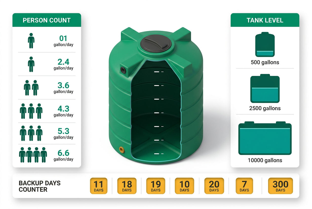 3D isometric tank sizing guide showing household sizes, daily usage multipliers, and tank capacity options from 500 to 10,000 gallons.