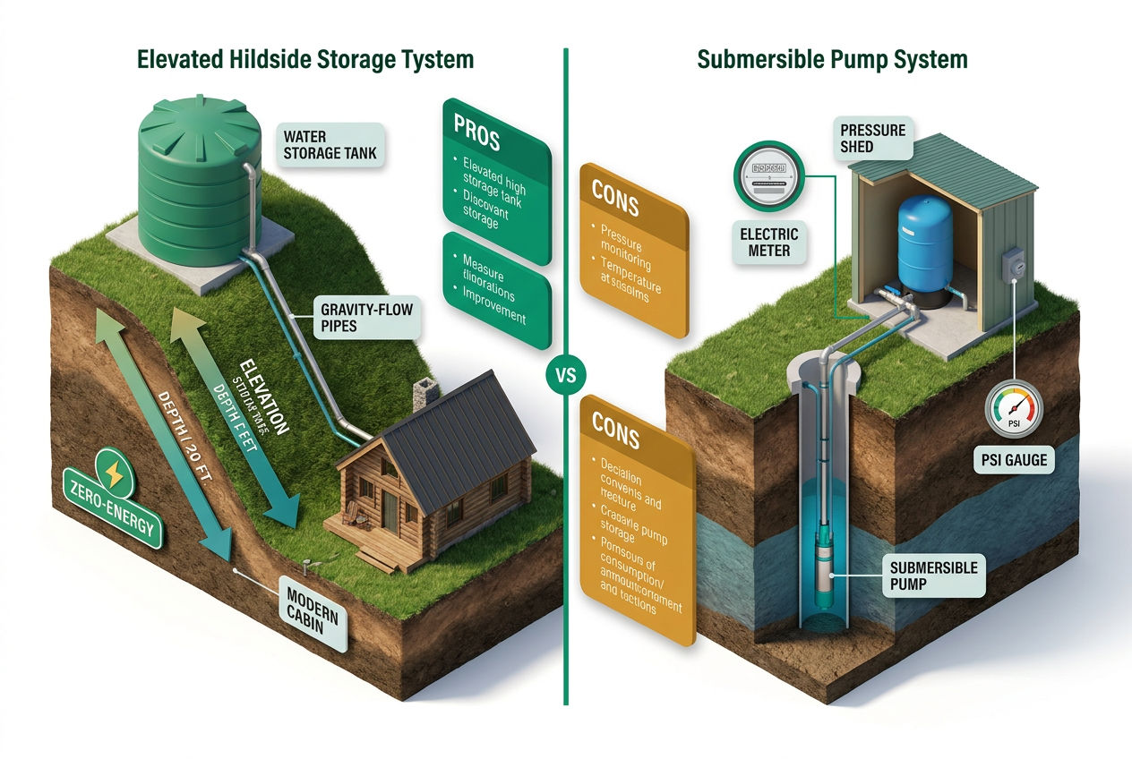Split isometric diagram contrasting gravity-fed hillside tank system versus electric pump distribution with pressure gauges and pipe routing.