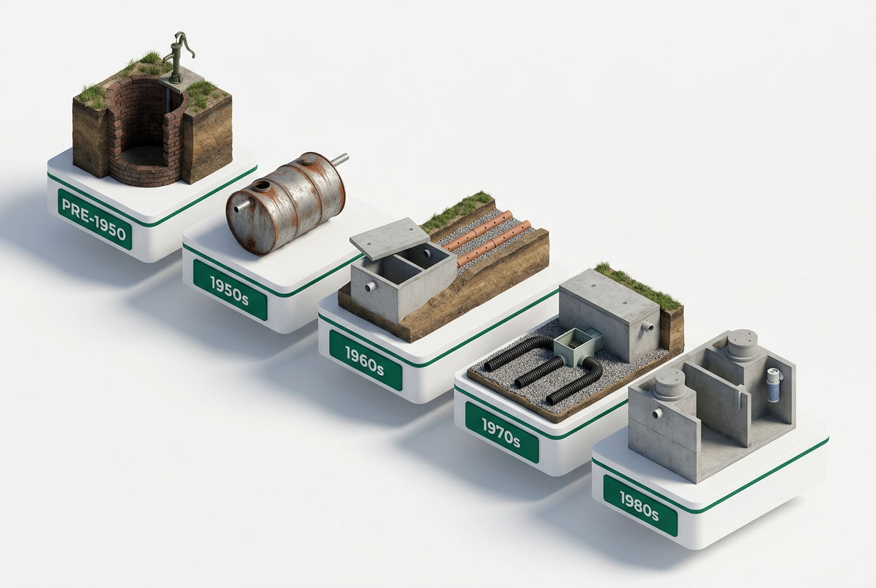 3D timeline of septic system designs from pre-1950 cesspools to 1980s two-compartment tanks