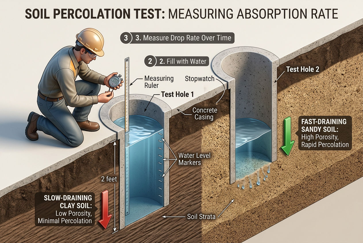 3D cutaway showing a perc test in progress with water level measurement in test holes and different soil drainage rates