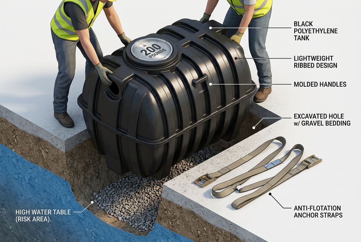 3D scene showing lightweight plastic septic tank carried by two workers with anti-flotation straps and high water table visible