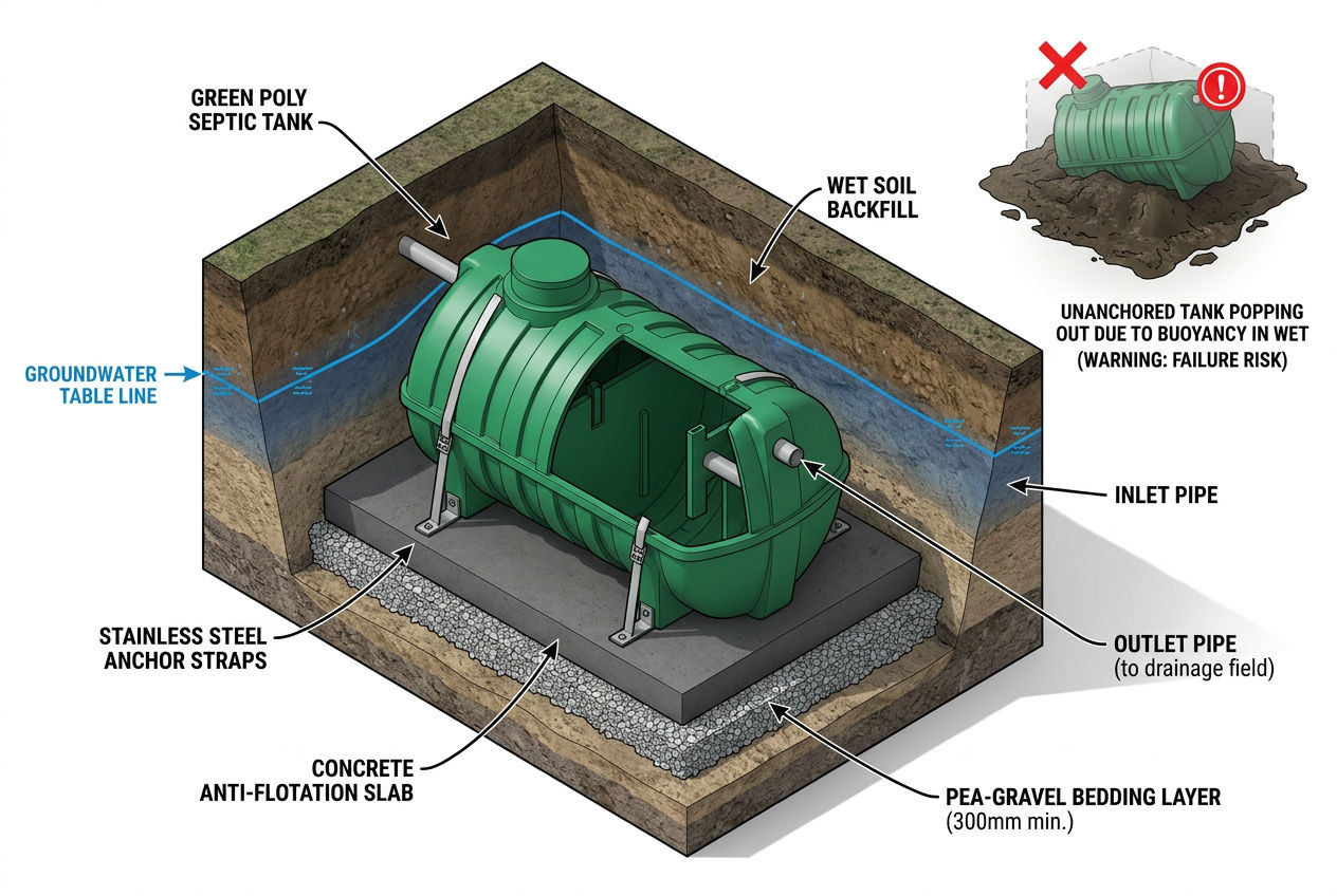 3D engineering detail of anchoring a plastic septic tank against flotation