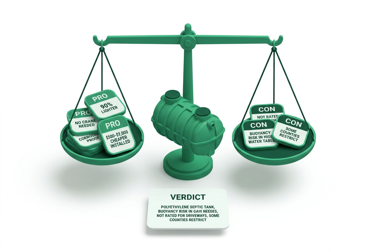 3D pros and cons scale for polyethylene septic tanks