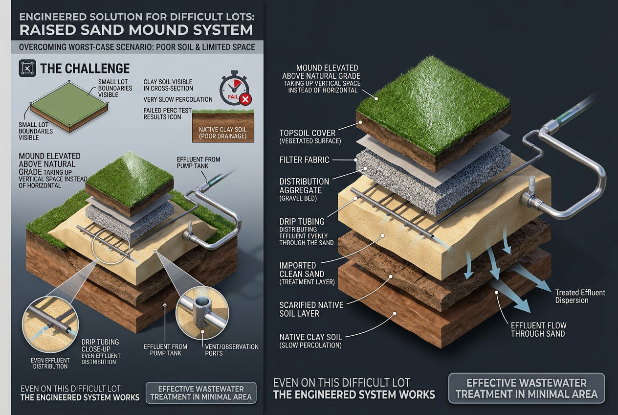 3D scene showing raised mound system as solution for small lot with clay soil, using vertical space instead of horizontal