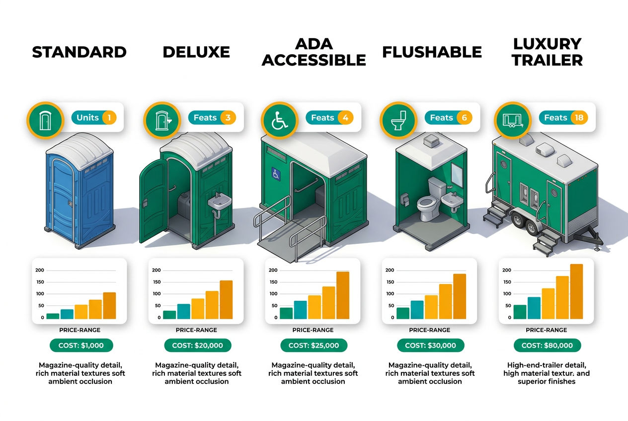 3D isometric infographic comparing 2026 porta potty rental prices by unit type with cost bars and icons.