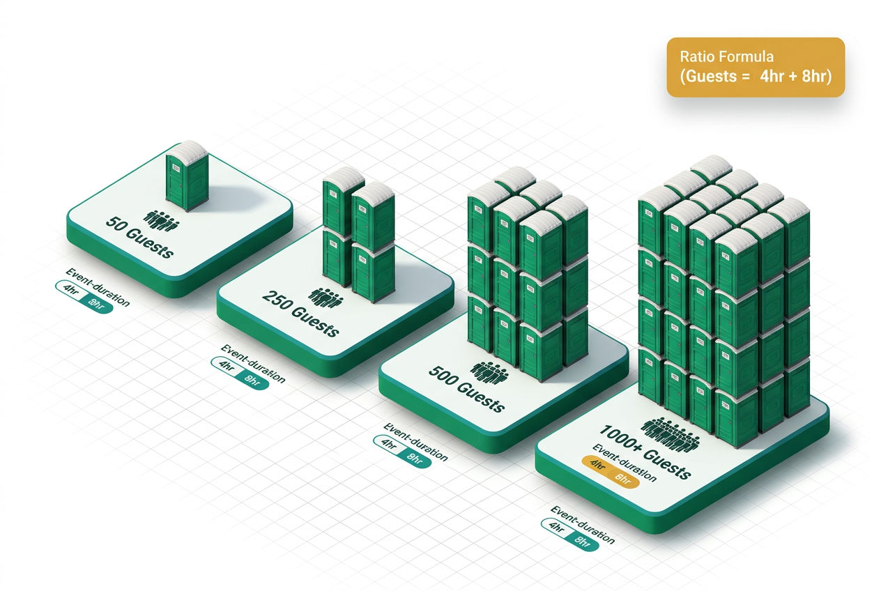 3D isometric chart showing recommended porta potty quantities for different event sizes and durations.