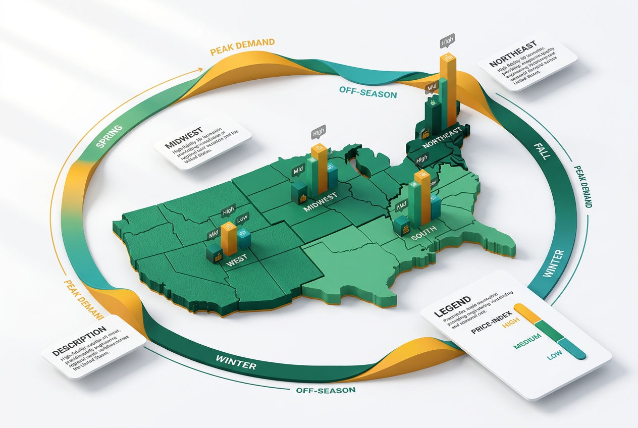 Isometric infographic displaying seasonal and regional price variation for portable restroom rentals across US regions.