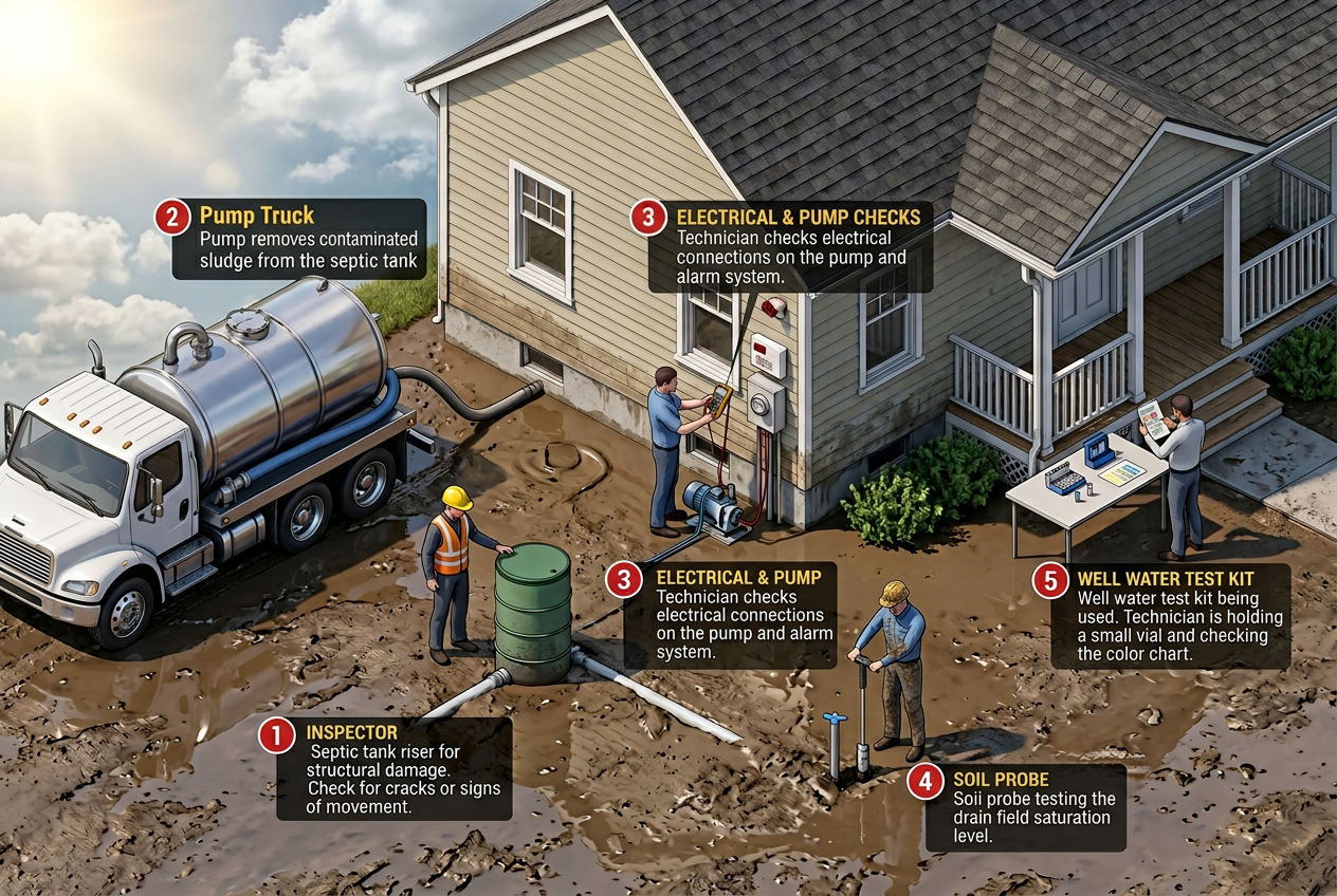 3D post-flood recovery scene showing five inspection stations: tank check, pumping, electrical, drain field test, well test