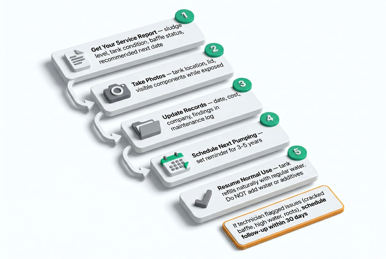 3D isometric five-step guide showing what to do after septic tank pumping including service reports and scheduling