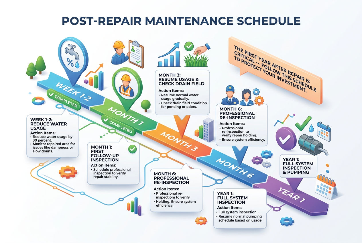 3D timeline showing post-repair maintenance schedule from first week through one year after septic repair