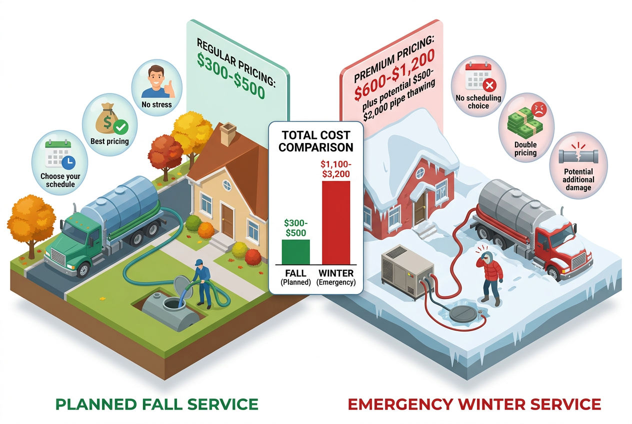 3D cost comparison of planned fall septic pumping at $300-500 versus emergency winter service at $1,100-3,200
