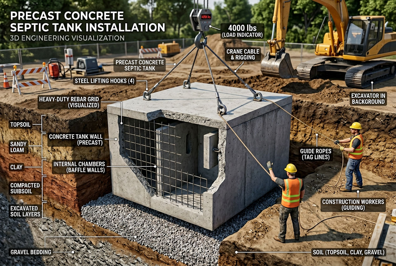 3D scene showing heavy precast concrete septic tank being crane-lifted into excavated hole with rebar reinforcement visible