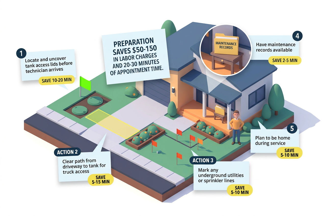 3D preparation checklist showing five steps to get ready for a septic pumping appointment
