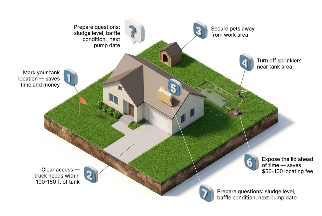 3D isometric aerial view of property showing seven preparation steps before a septic tank pumping appointment