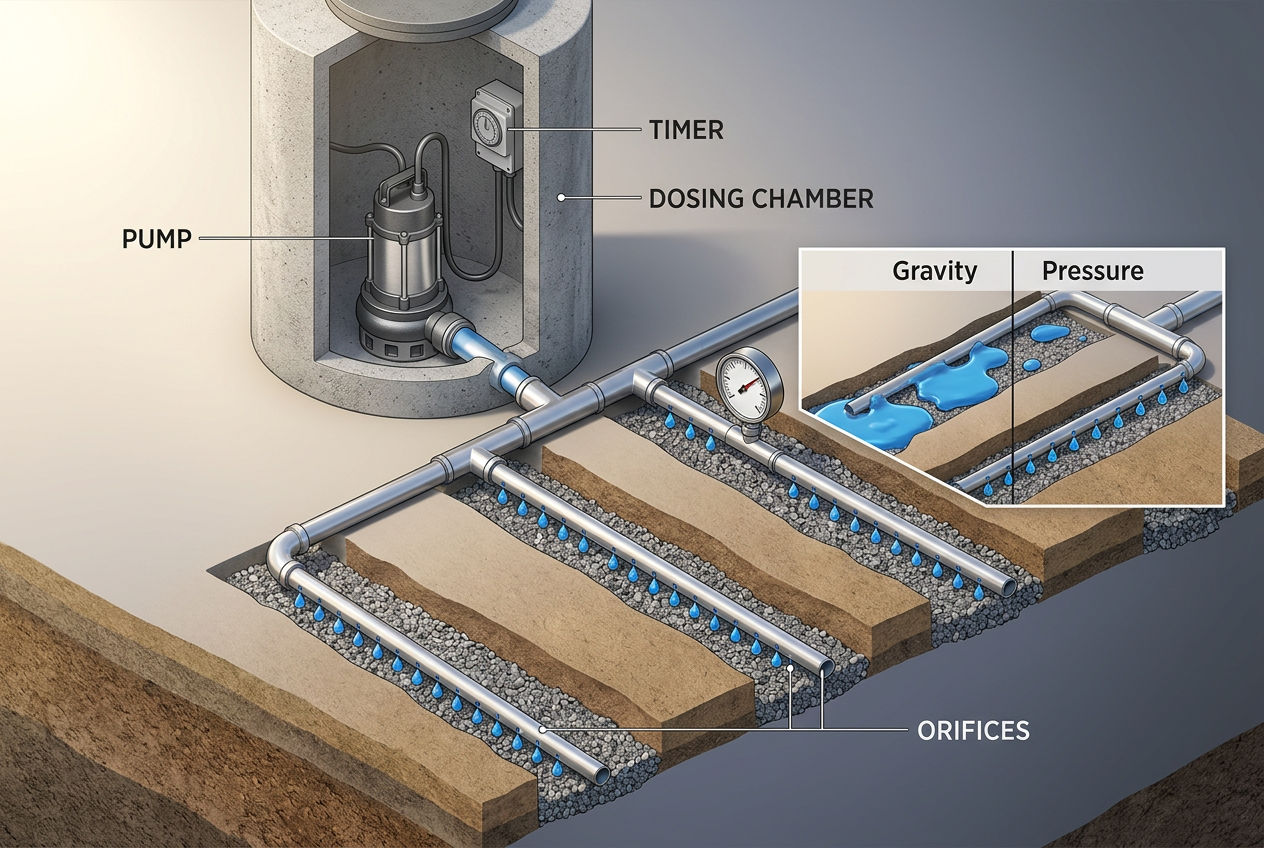 Pressure-dosed drain field layout showing pump dosing chamber and equalized orifice distribution across all trenches