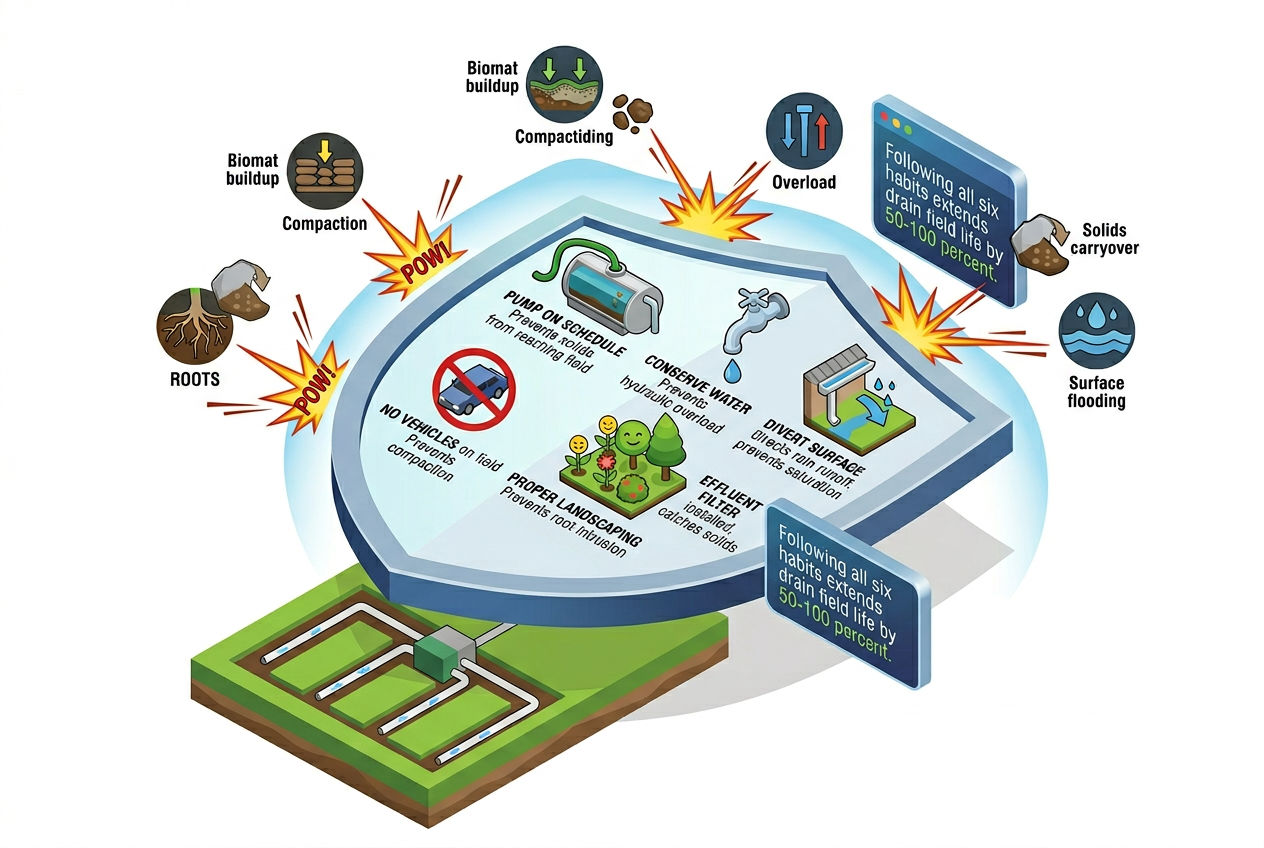 3D shield diagram showing six habits that prevent drain field failure with threat icons deflected