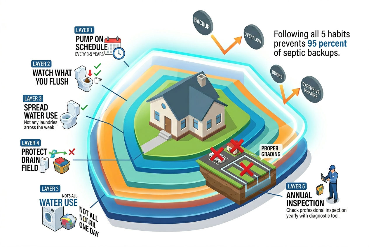 3D prevention shield showing five habits that protect against septic system backups