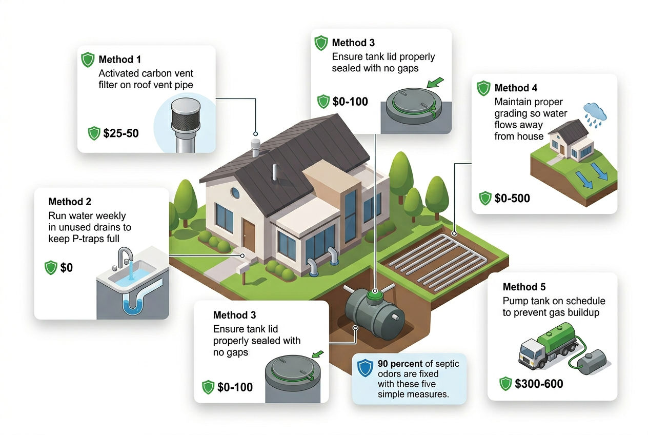 3D five-method prevention guide for septic system odors from vent filters to scheduled pumping