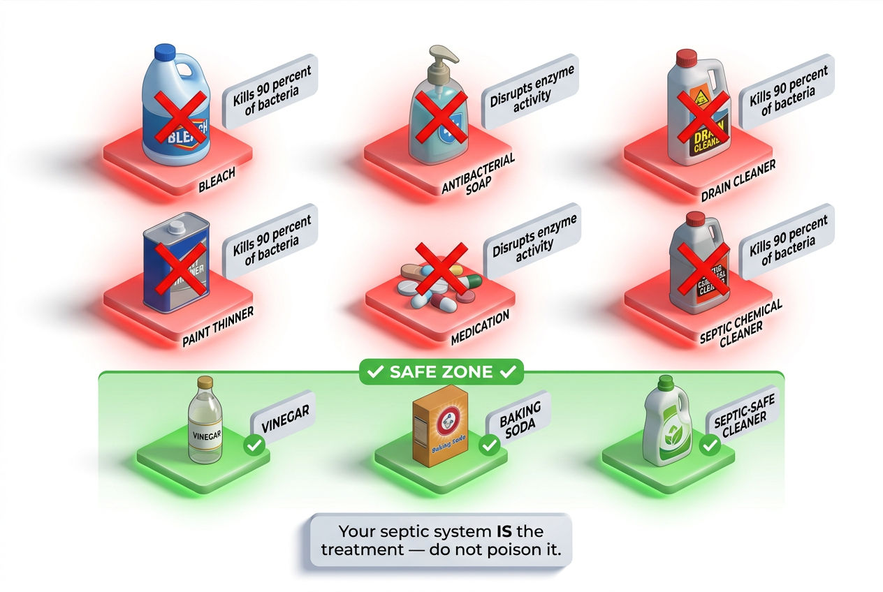 3D warning grid showing household products that damage septic system bacteria including bleach and chemical cleaners