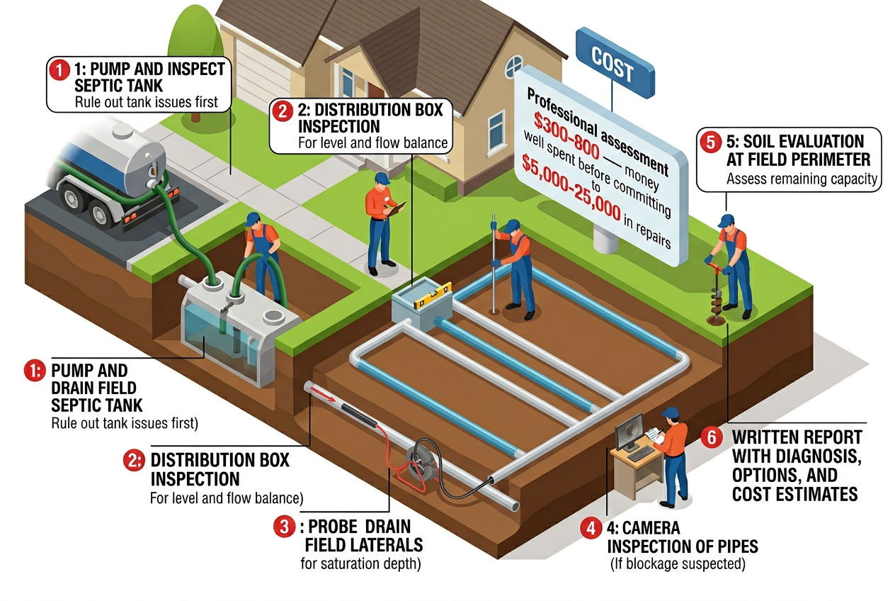 3D property overview showing six activities in a professional drain field failure assessment