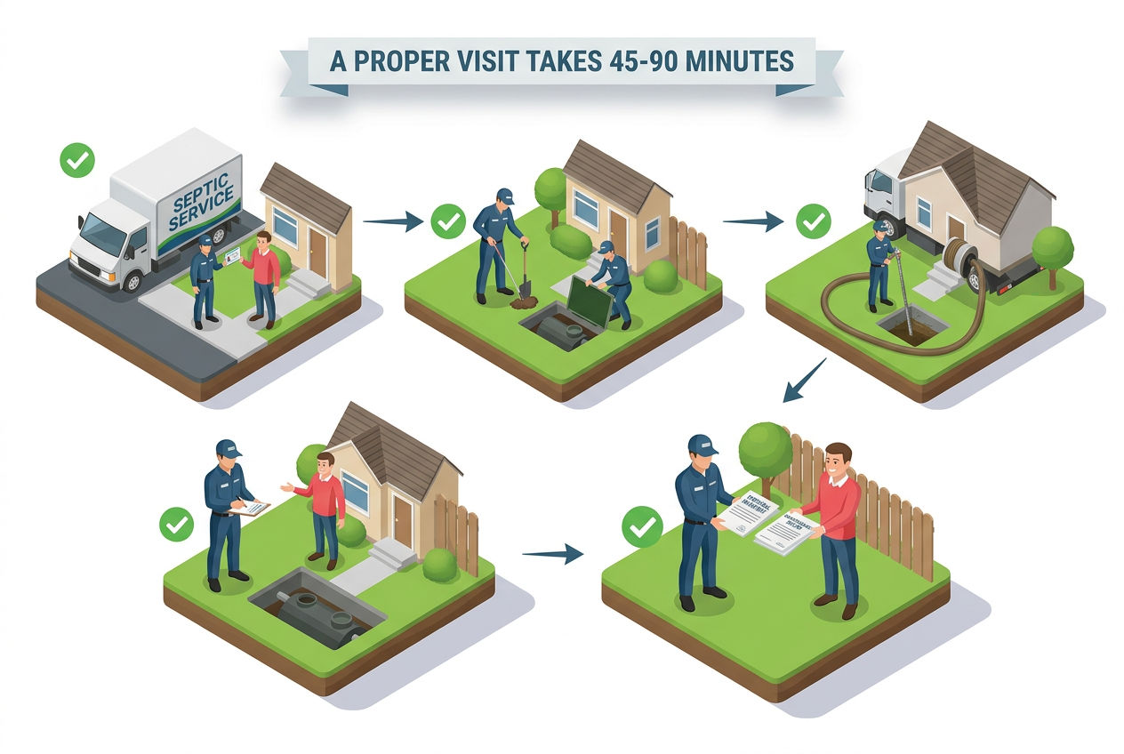3D five-step process showing what a proper professional septic service visit looks like