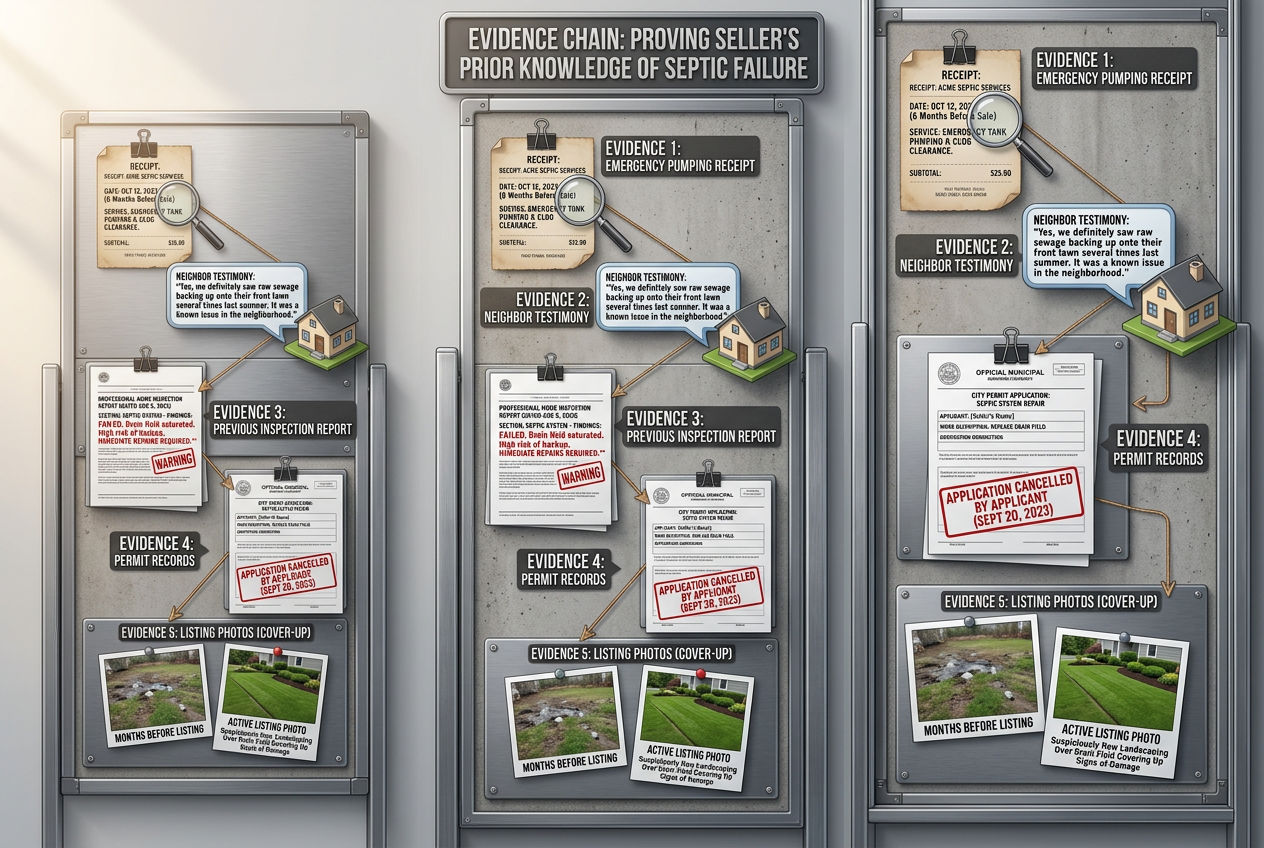 3D evidence board showing five types of proof seller knew about septic problems: pump receipts, neighbor testimony, old reports, permit records, suspicious landscaping