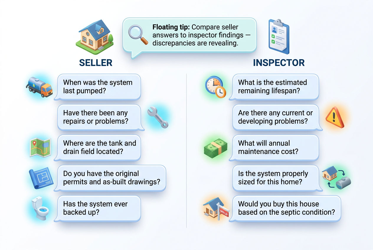 3D two-column guide showing essential questions for sellers and inspectors when buying rural property