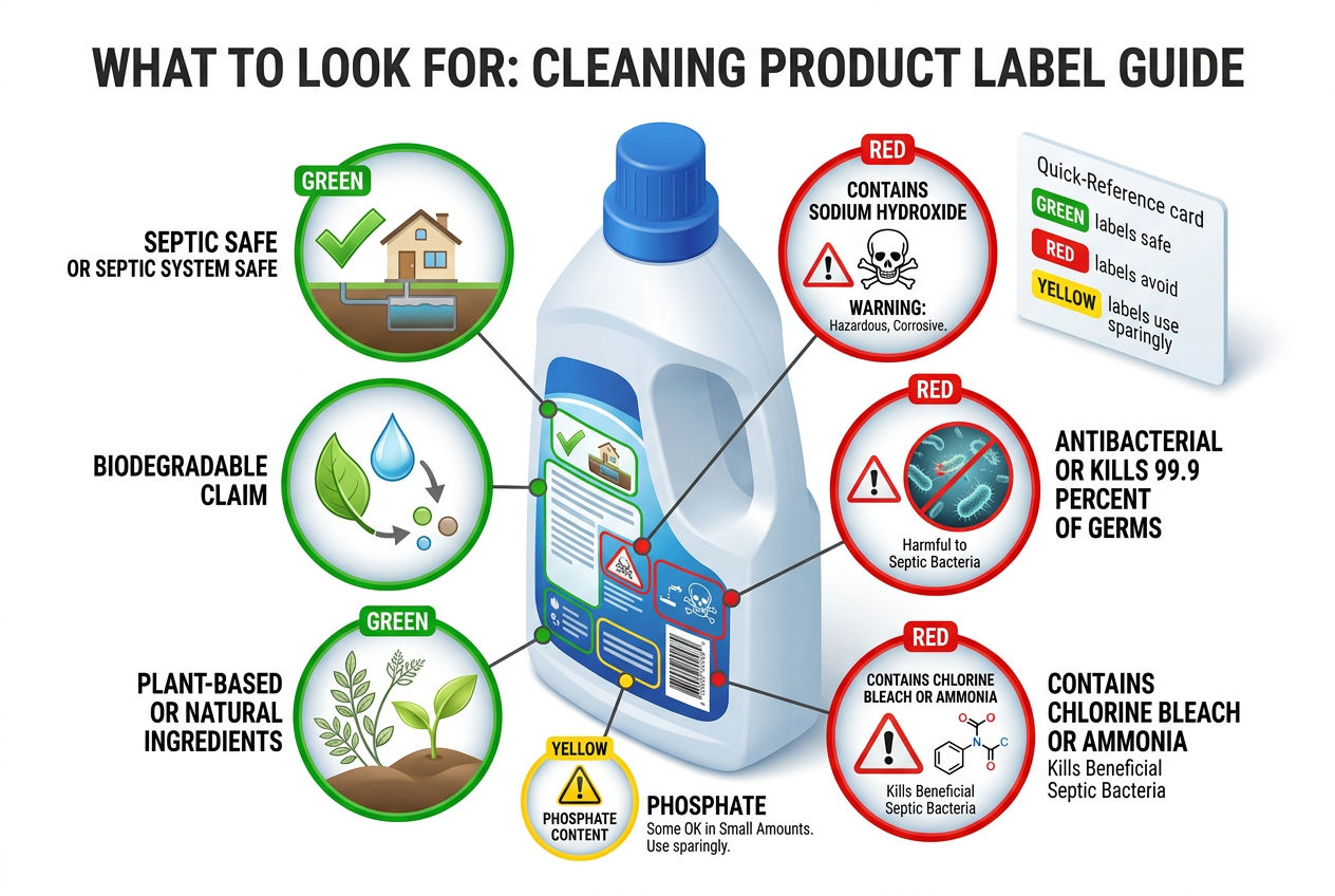3D magnified product label showing what green, red, and yellow indicators to look for on septic-safe products