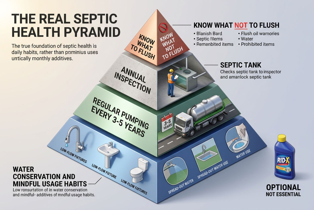 3D pyramid showing real septic health priorities: water conservation, regular pumping, inspection, and flush awareness with additives outside