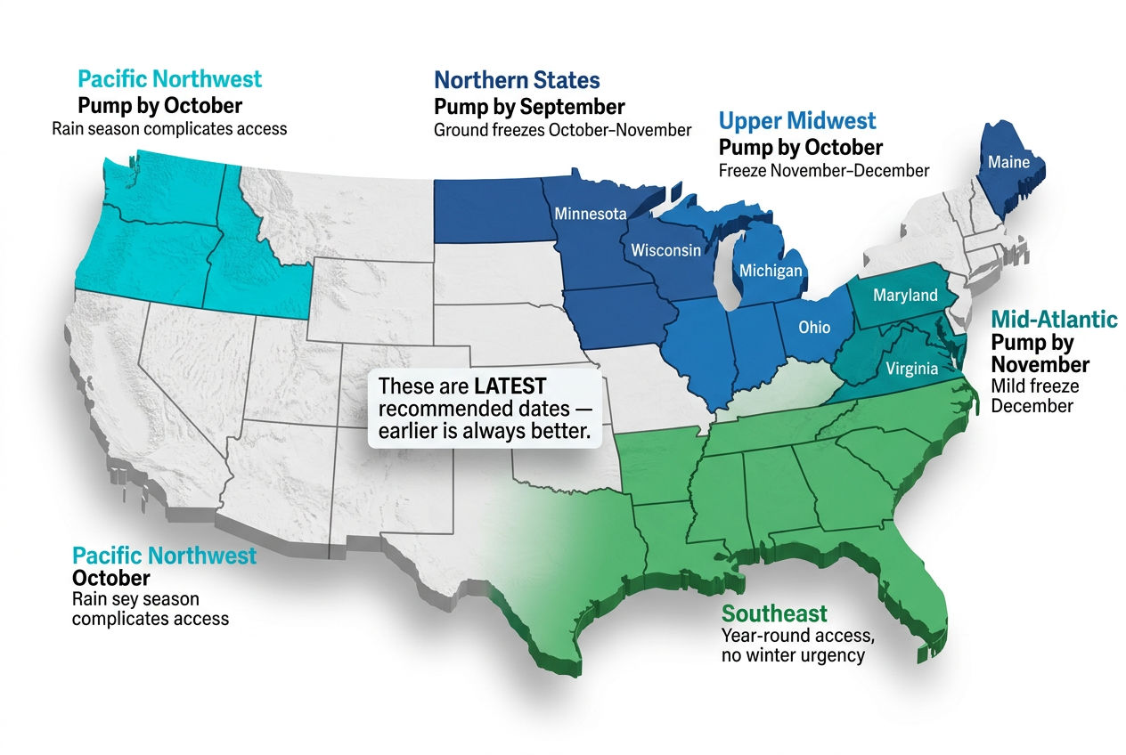 3D US map showing recommended pre-winter septic pumping deadlines by region from September to year-round