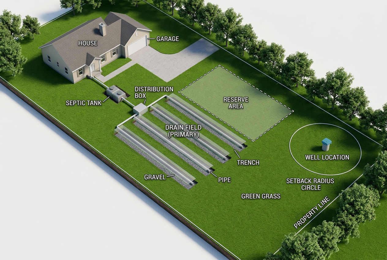 Aerial view of residential drain field layout showing house tank distribution box parallel trenches reserve area and well setback