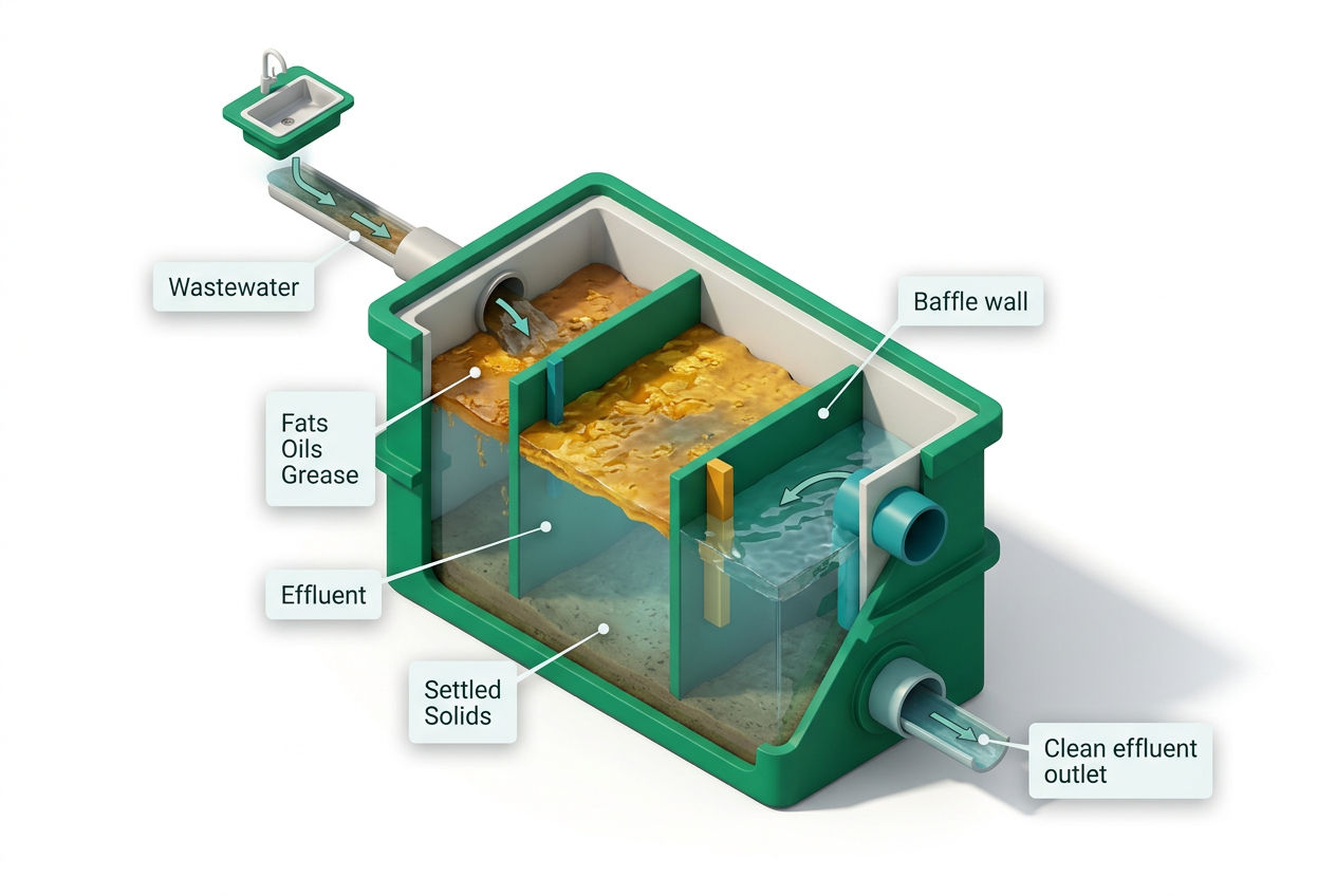 3D isometric cutaway of a restaurant grease trap showing wastewater inlet, grease layer, effluent outlet, and baffle chambers with flow arrows.
