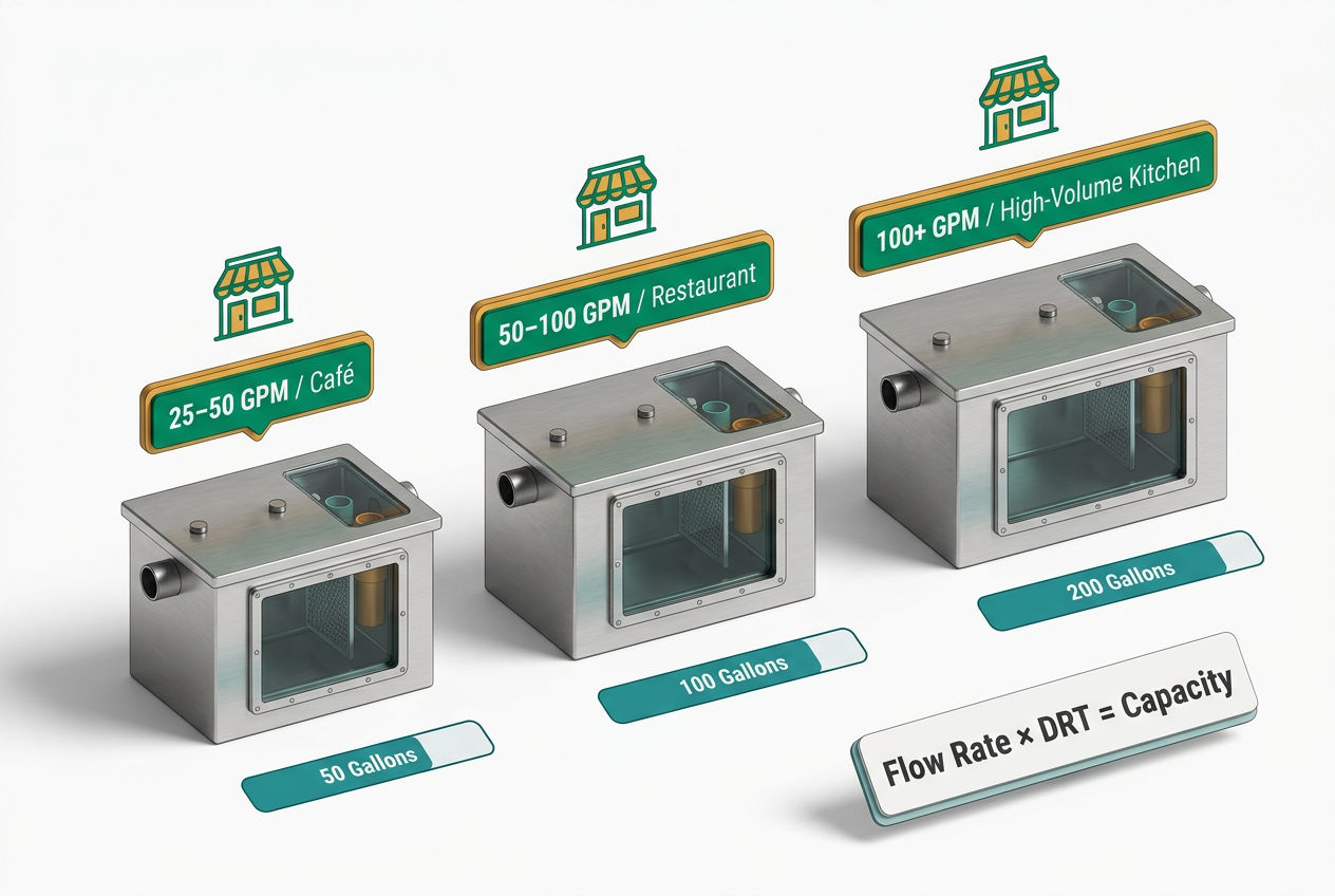 Isometric comparison chart showing three grease trap sizes for small café, mid-size restaurant, and large commercial kitchen with gallon capacity labe