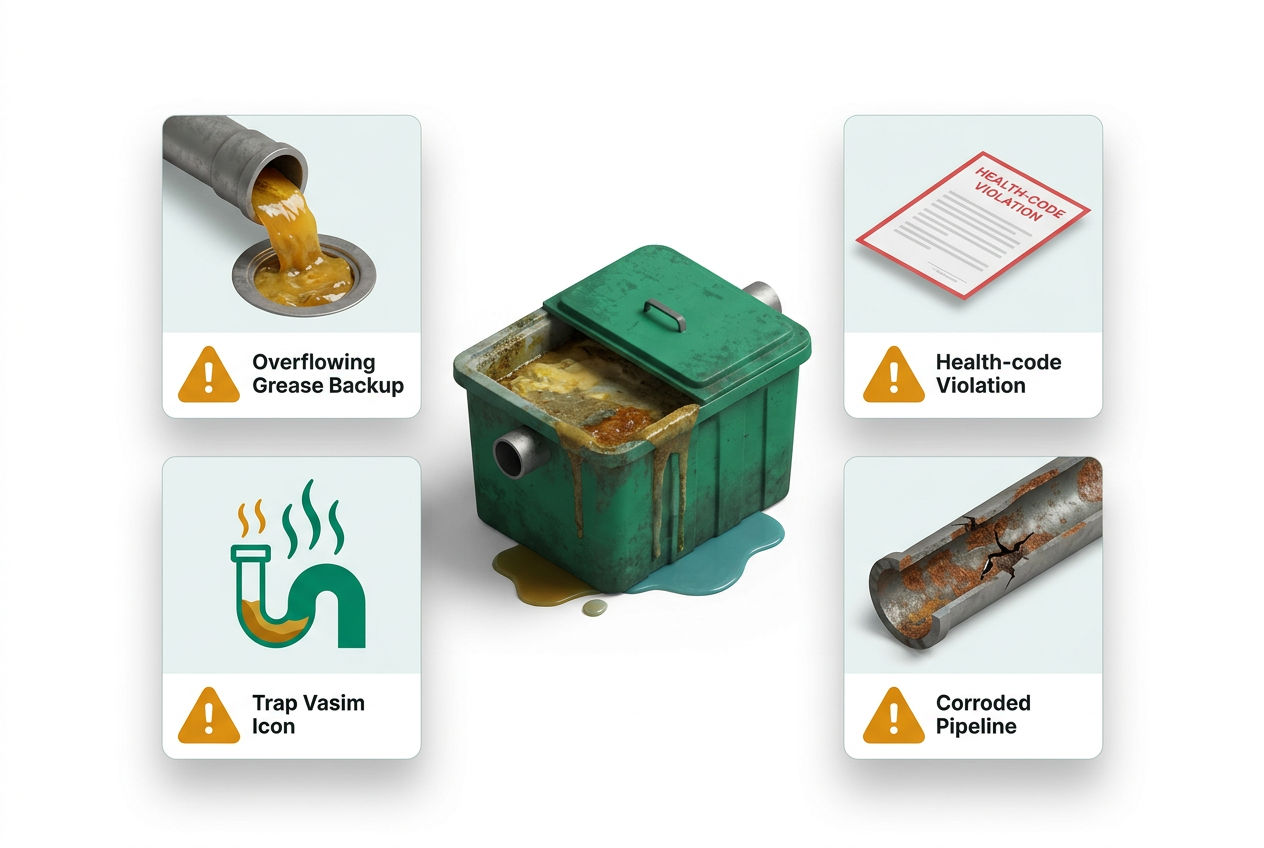 Isometric warning infographic showing four consequence panels: sewer backup, health code violation citation, foul odors, and pipeline corrosion icons.