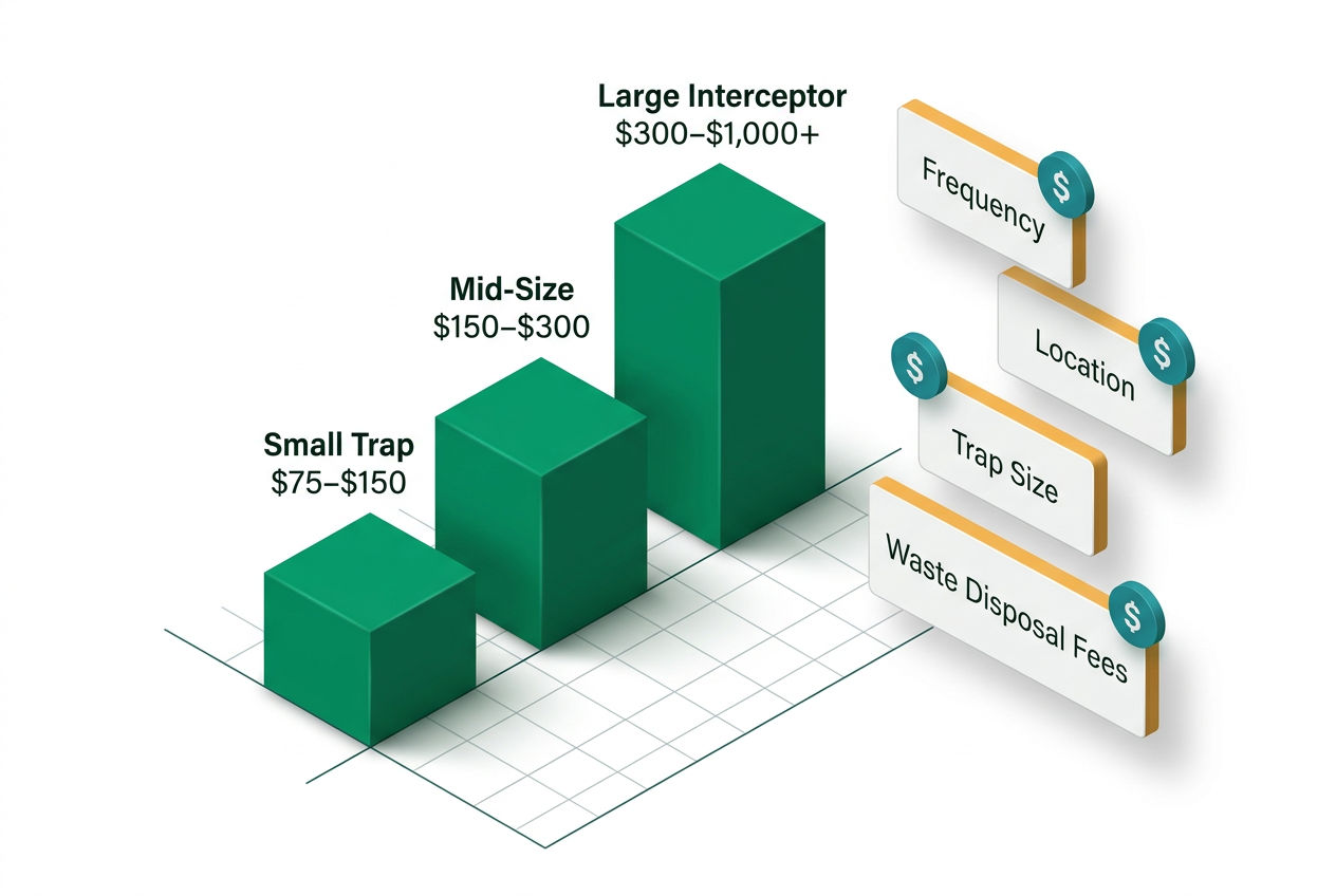 Isometric cost comparison infographic with horizontal bar chart showing price ranges for small, medium, and large grease trap cleaning services.