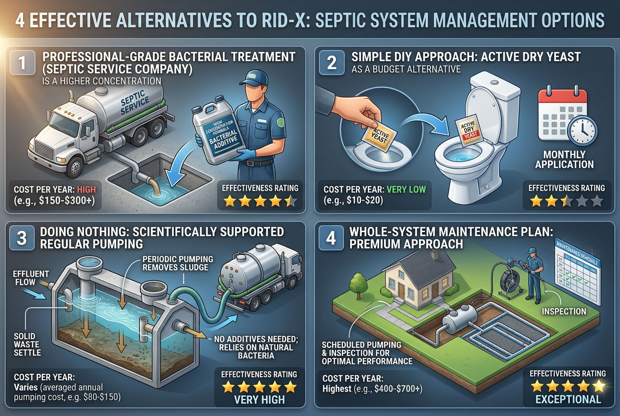 3D display of four Rid-X alternatives: professional treatment, DIY yeast, no additives with pumping, and full maintenance plan