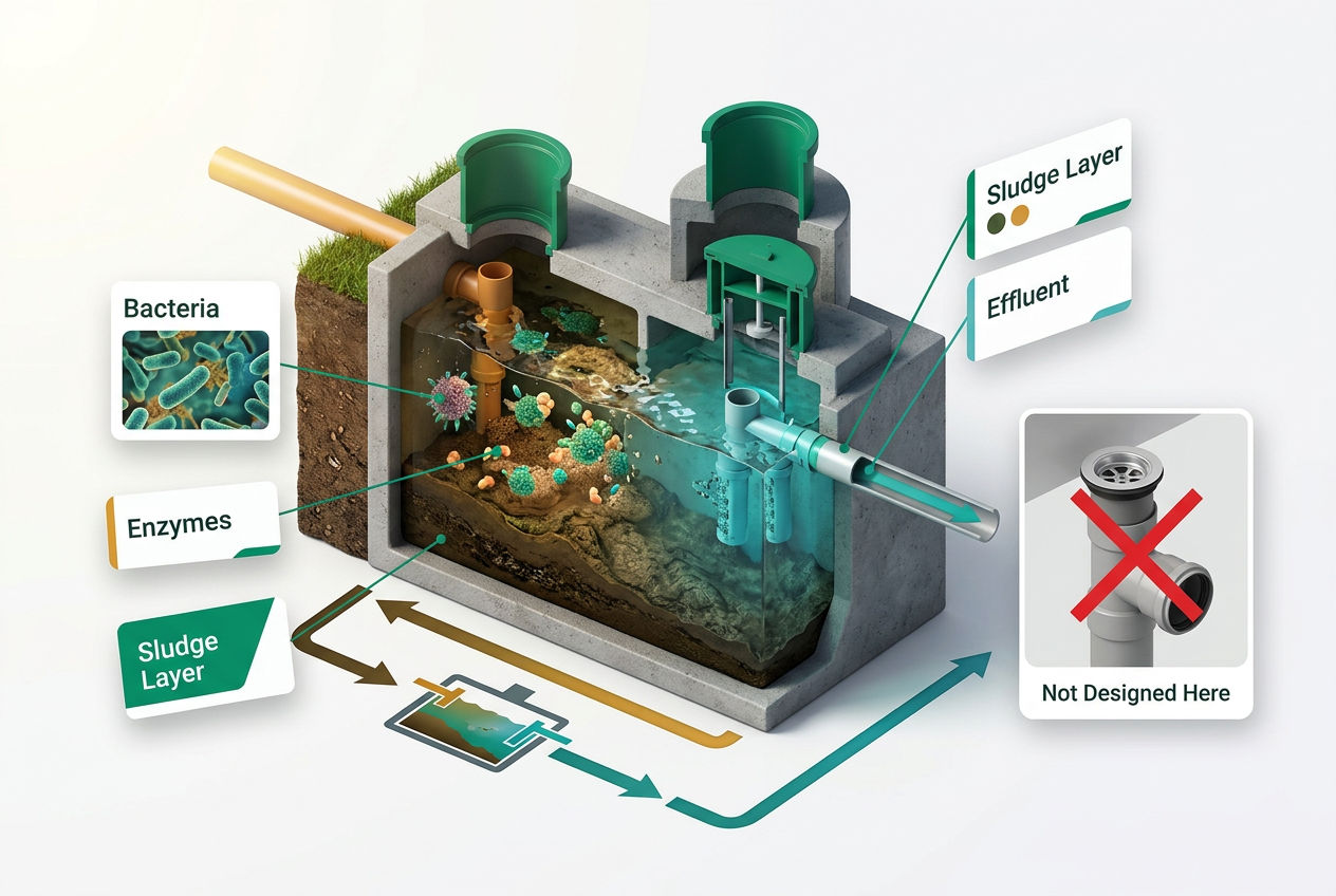 3D isometric diagram showing Rid-X enzymes breaking down organic waste inside a septic tank, not a household drain pipe.