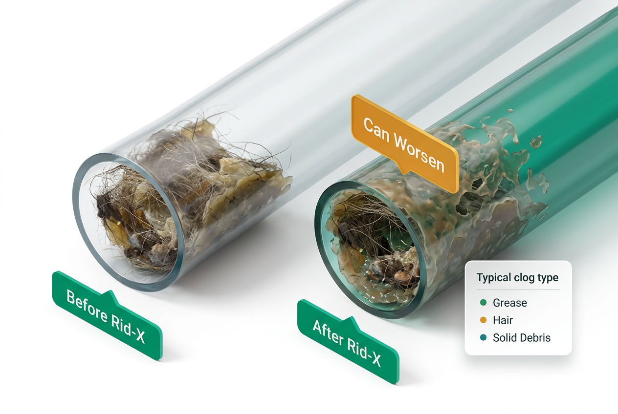 Side-by-side isometric pipe cross-sections showing a grease or hair clog before and after Rid-X, illustrating no improvement or worsening.