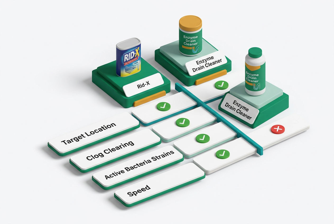 Isometric comparison chart contrasting Rid-X septic treatment versus true enzyme drain cleaners across four key attributes.