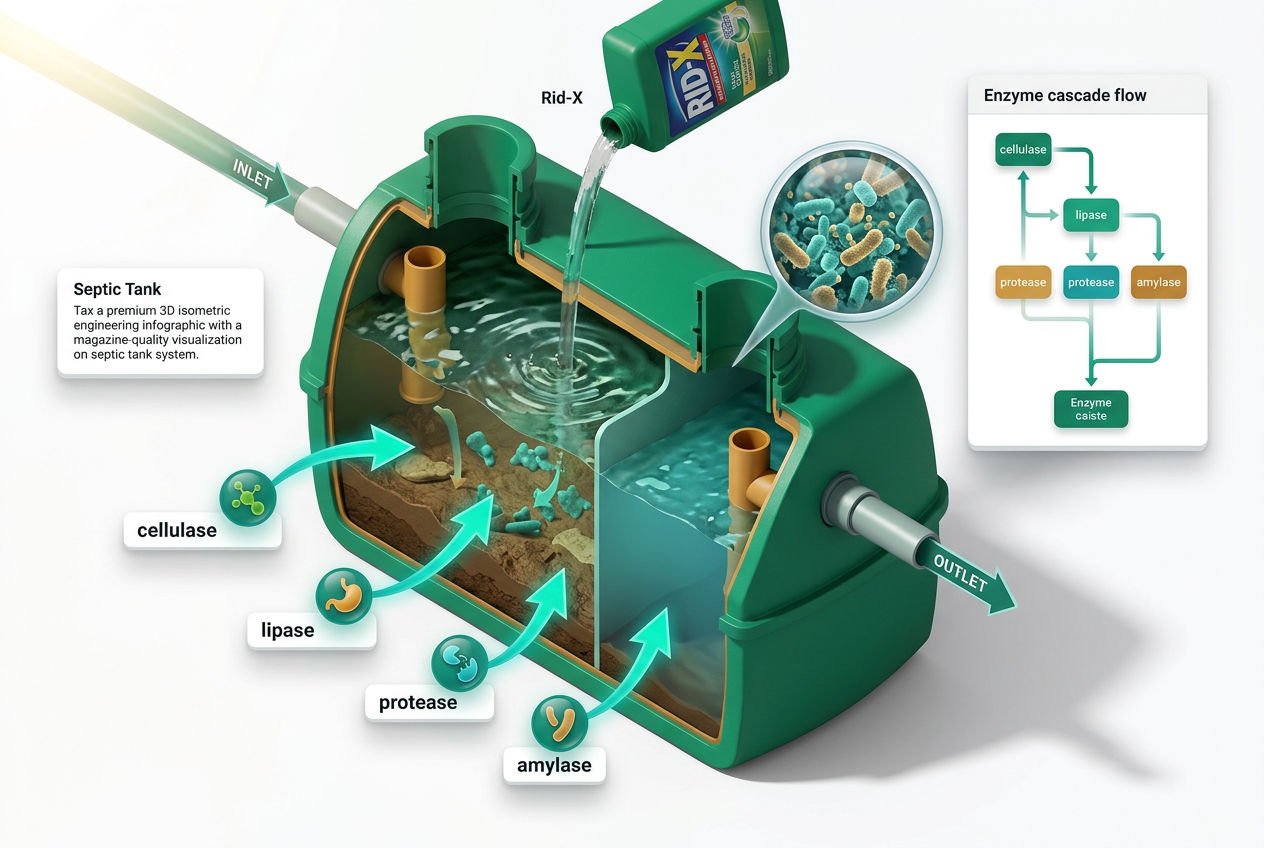 3D isometric cutaway of a septic tank showing enzyme and bacteria layers breaking down waste, with labeled enzyme types.