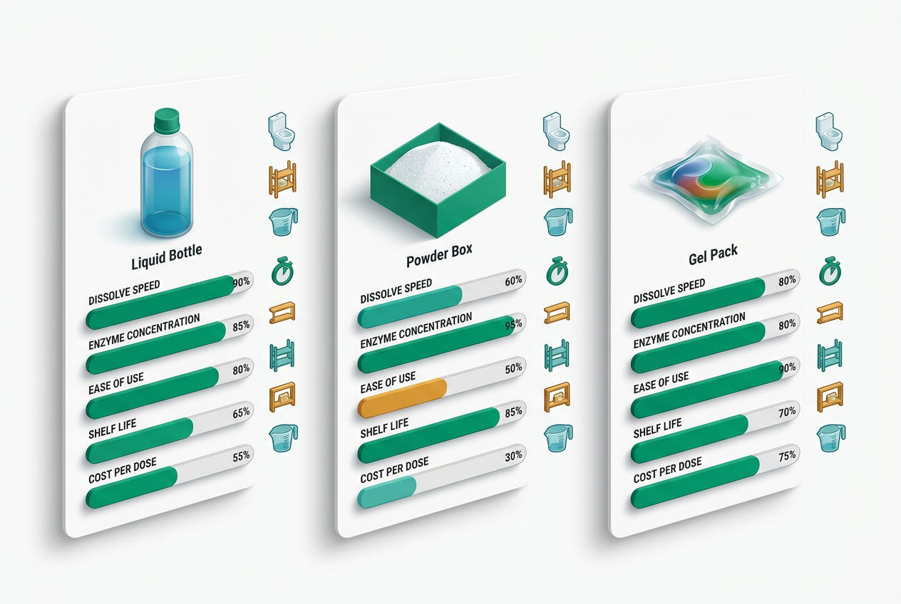 Side-by-side 3D comparison panels of Rid-X liquid bottle, powder box, and gel pack with attribute rating bars for each format.