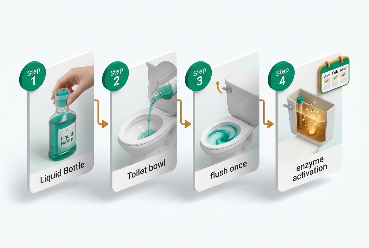 Isometric 4-step numbered flow showing Rid-X liquid dosing process from bottle to toilet flush to septic tank activation.