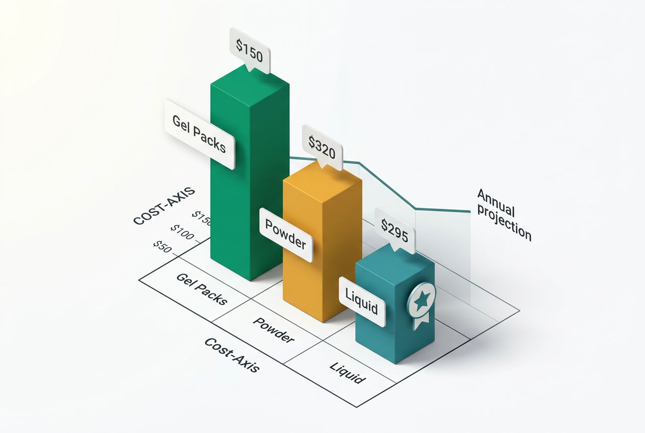 Isometric bar chart comparing monthly costs of Rid-X liquid, powder, and gel packs with price labels and value-score badges.