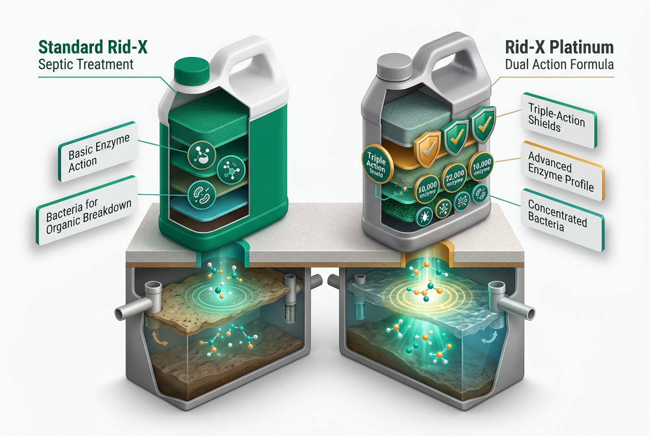 3D isometric cutaway comparing Rid-X Platinum and Standard Rid-X containers with ingredient tier labels and septic tank cross-section.