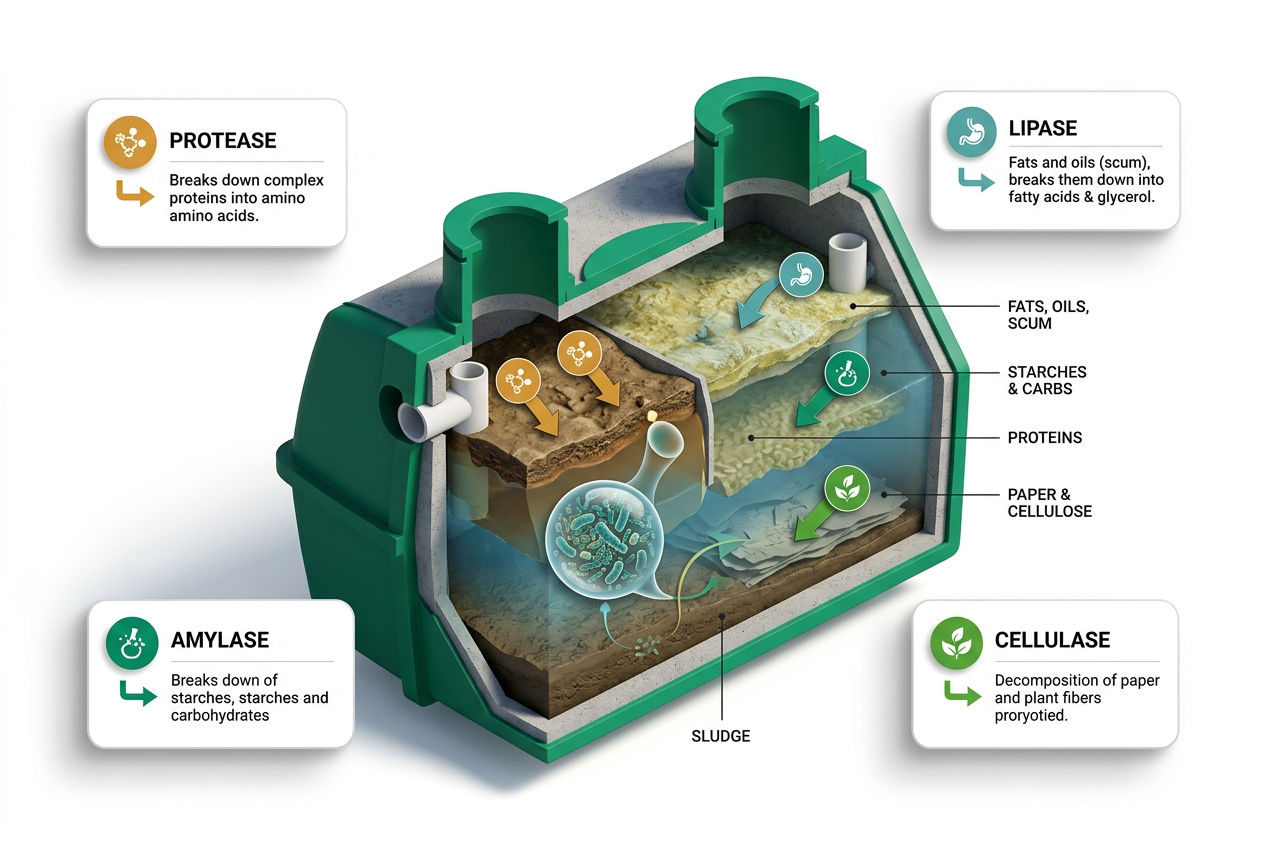 3D isometric diagram of Rid-X Platinum's four enzyme types breaking down waste layers inside a septic tank cross-section with labeled reaction zones.