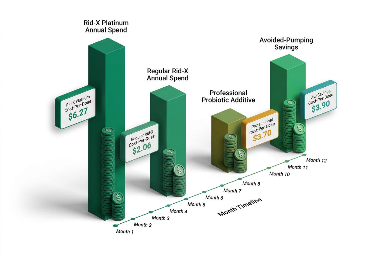Isometric bar chart comparing annual costs of Rid-X Platinum, Regular Rid-X, professional additives, and pumping savings over 12 months.