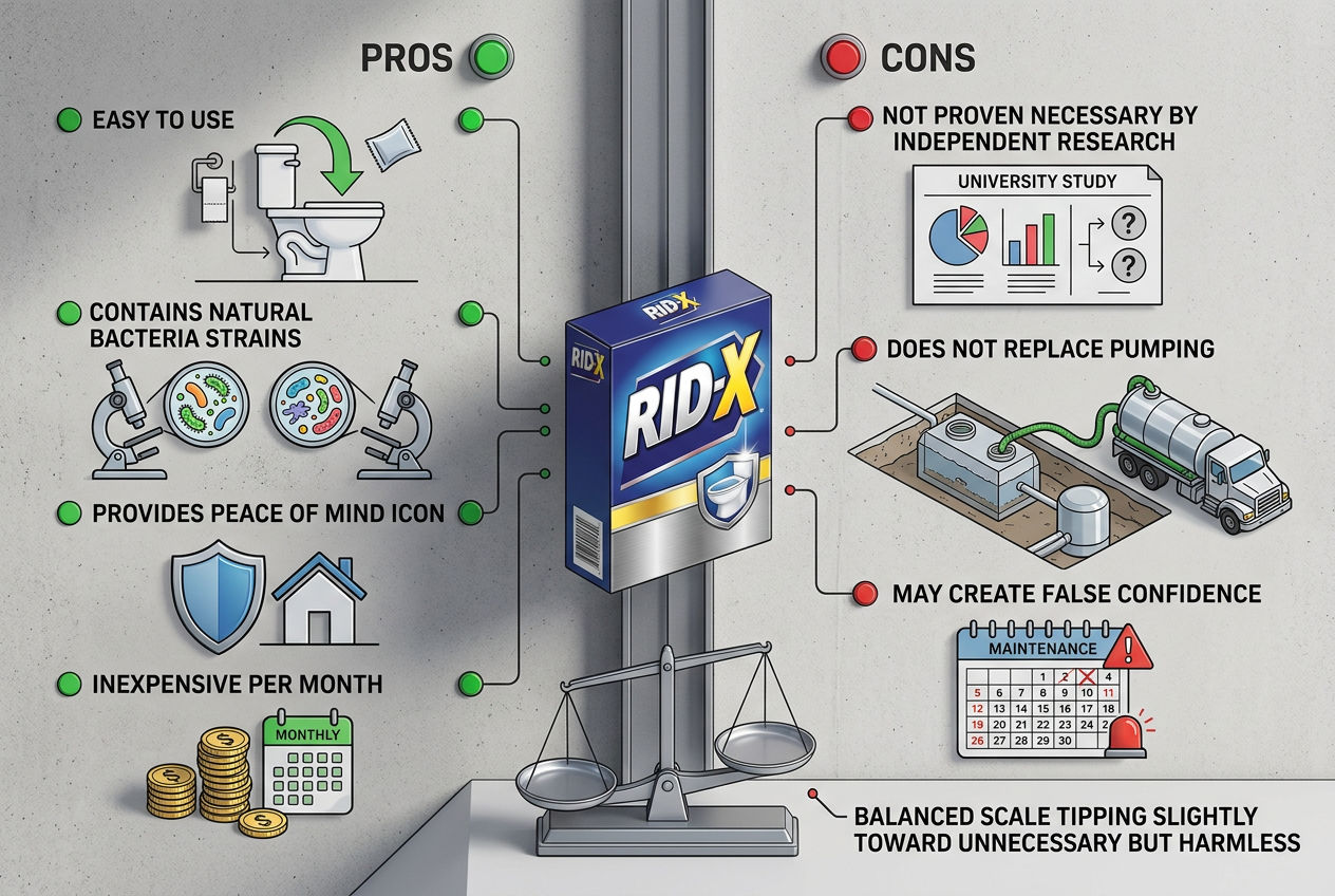 3D balanced evaluation of Rid-X showing pros of ease and low cost versus cons of unproven necessity and false confidence