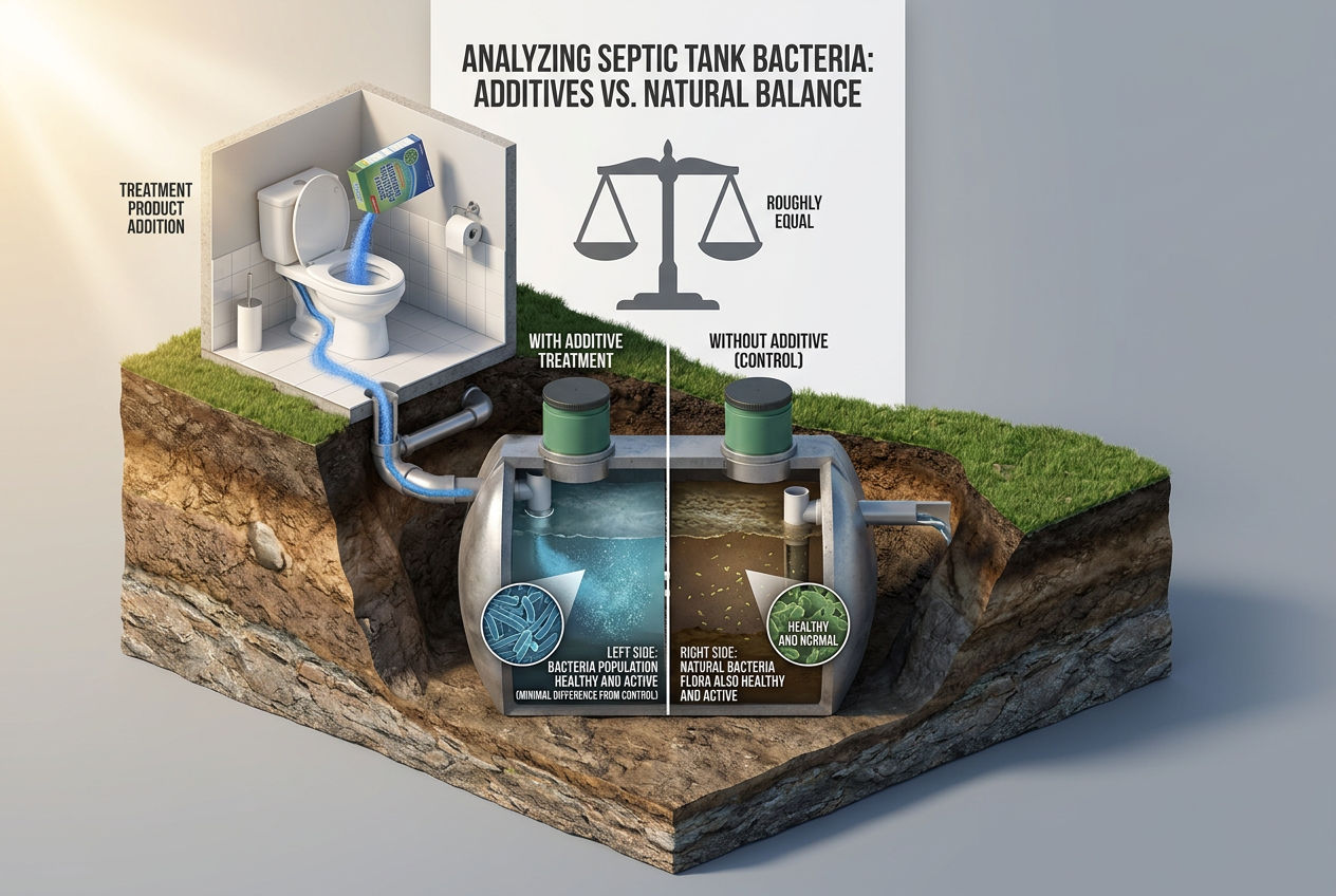 3D cutaway comparing septic tank with treatment versus without treatment showing minimal visible difference