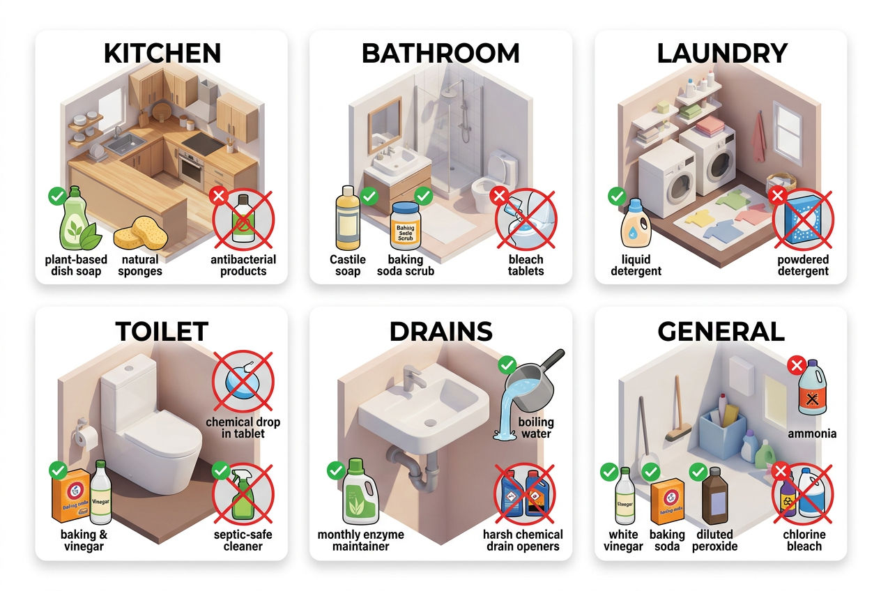 3D six-room guide showing septic-safe cleaning products for kitchen, bathroom, laundry, and more