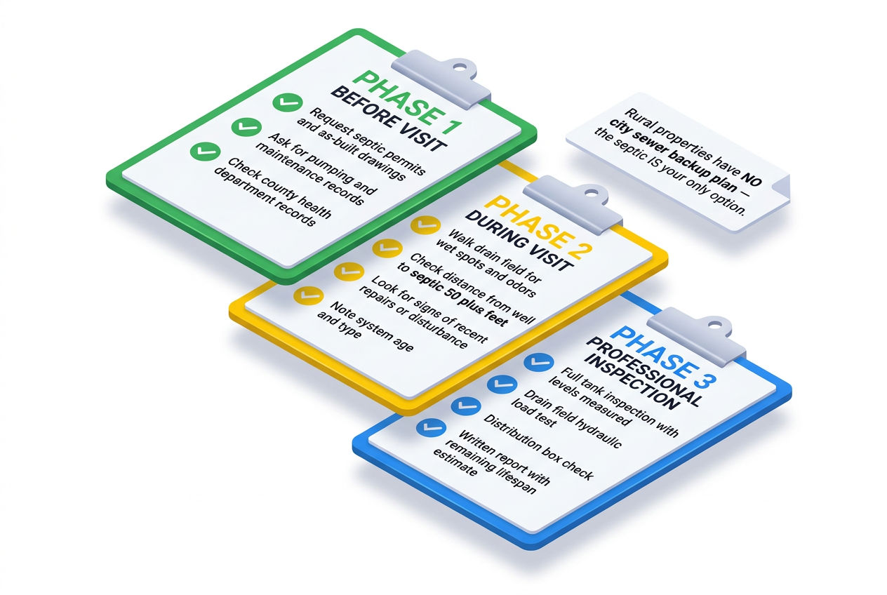 3D three-phase checklist for rural property buyers covering pre-visit, during visit, and professional inspection